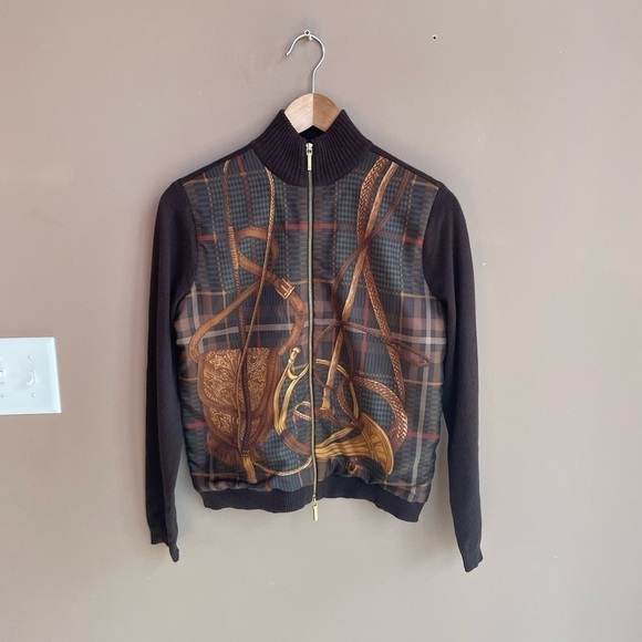 Lauren Ralph Lauren Silk Cashmere Full Zip Printed Jacket in Brown Size Small - Picture 1 of 3